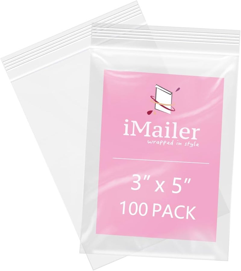 iMailer - 100 Pcs- 3" x 5" Clear Small Zip Bag - Reclosable Zip Plastic Poly Bags 2 Mil with Resealable Lock Seal Zipper for Photo, Jewelry, Bakery, Treats, Party Favors - Image 1