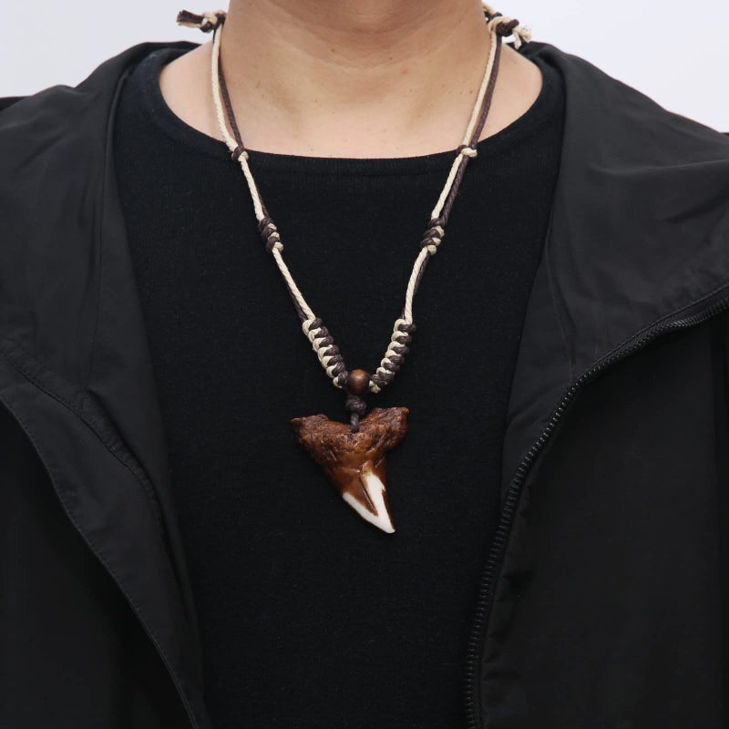 HZMAN Hawaiian Shark Teeth Resin Pendant - Adjustable Cord Surfer Necklace - Cool Surfer Hawaiian Beach Style Jewelry - Image 3