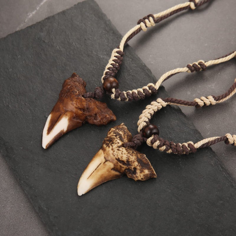 HZMAN Hawaiian Shark Teeth Resin Pendant - Adjustable Cord Surfer Necklace - Cool Surfer Hawaiian Beach Style Jewelry - Image 2