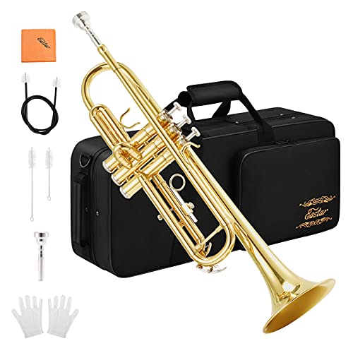 Eastar Bb Standard Trumpet Set for Beginner, Brass Student Trumpet Instrument with Hard Case, Cleaning Kit, 7C Mouthpiece and Gloves, ETR-380, Golden - Image 1