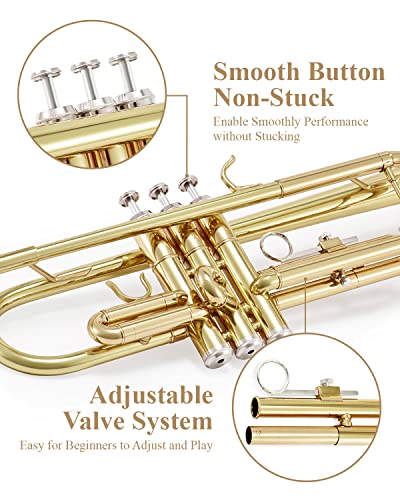 Eastar Bb Standard Trumpet Set for Beginner, Brass Student Trumpet Instrument with Hard Case, Cleaning Kit, 7C Mouthpiece and Gloves, ETR-380, Golden - Image 4