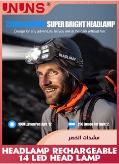 UNUNS Headlamp Rechargeable,14 LEDs Head Lamp,22000 Lumens ead Flashlight With Red Light,8+2 Modes Headlight,Waterproof Forehead Light,Emergency Hands-Free Headlamp For Running Hiking Camping,Outdoor Gear  - Image 5
