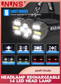 UNUNS Headlamp Rechargeable,14 LEDs Head Lamp,22000 Lumens ead Flashlight With Red Light,8+2 Modes Headlight,Waterproof Forehead Light,Emergency Hands-Free Headlamp For Running Hiking Camping,Outdoor Gear  - Image 2