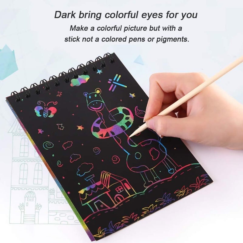 ALMEKAQUZ 12 Pack Scratch Art Notebooks, Rainbow Scratch Paper Notes with Wooden Stylus, Magic Scratch Art Kit for Kids Party Favors Classroom Prizes Arts Crafts Activity - Image 2