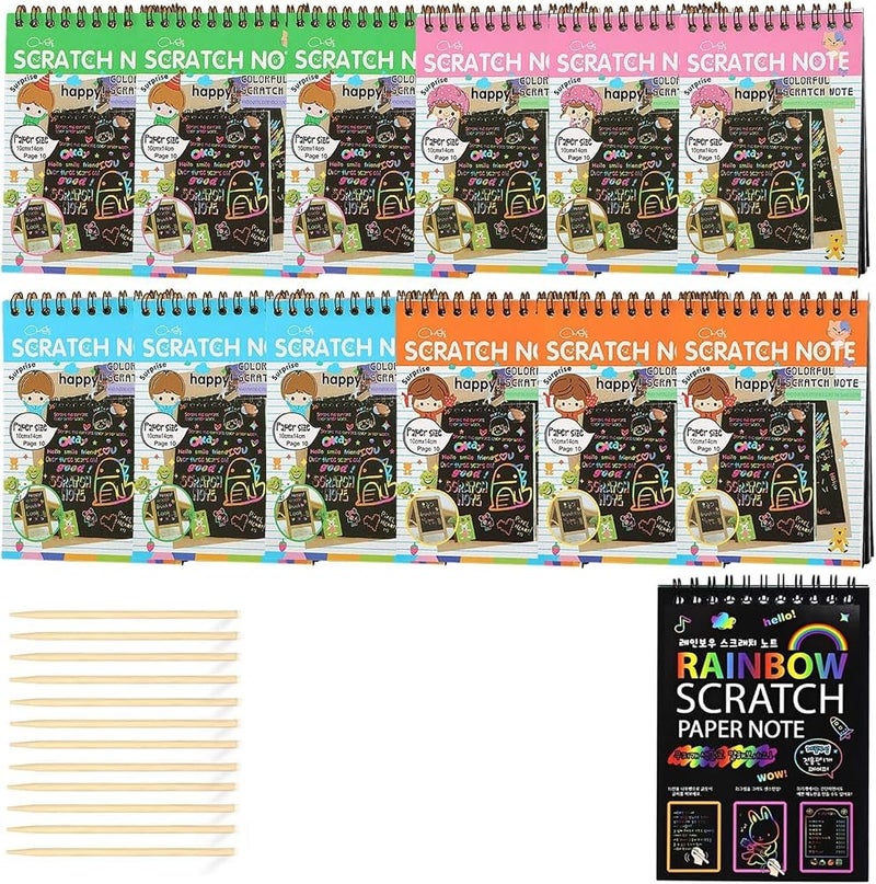 ALMEKAQUZ 12 Pack Scratch Art Notebooks, Rainbow Scratch Paper Notes with Wooden Stylus, Magic Scratch Art Kit for Kids Party Favors Classroom Prizes Arts Crafts Activity - Image 1