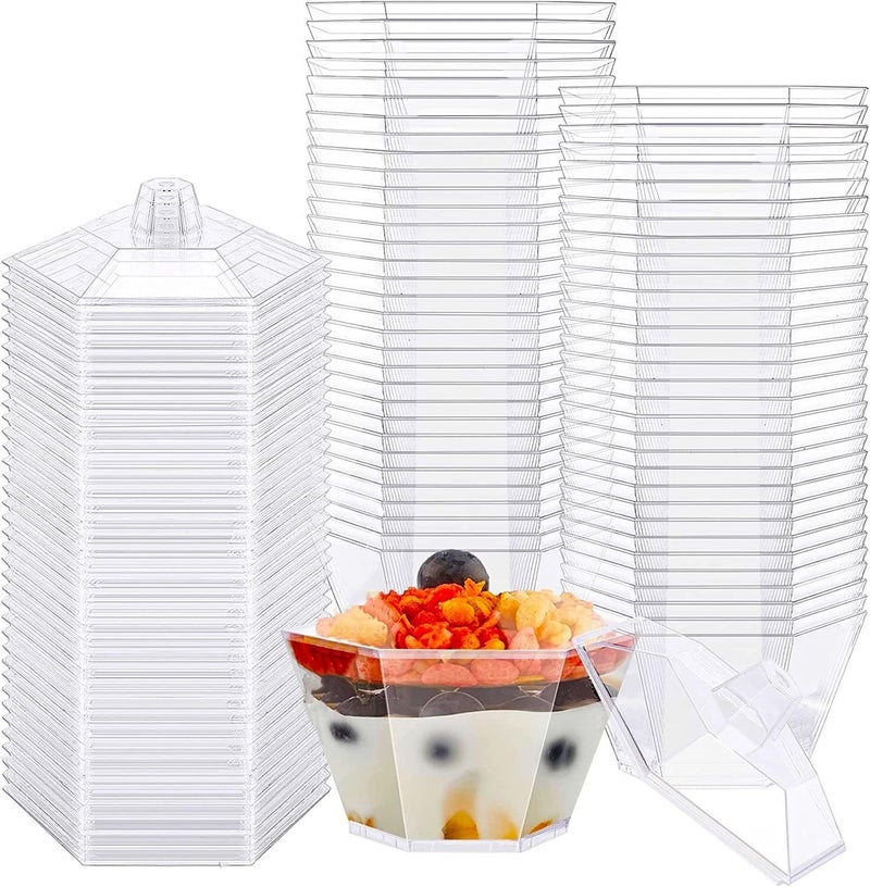 LATERN 50Pcs Plastic Dessert Cups with Lids 100ml Mini Hexagon Dessert Cups Clear Parfait Appetizer Cup Reusable Serving Bowl with Lids for Dessert Pudding Mousse Party 75cm x 45cm