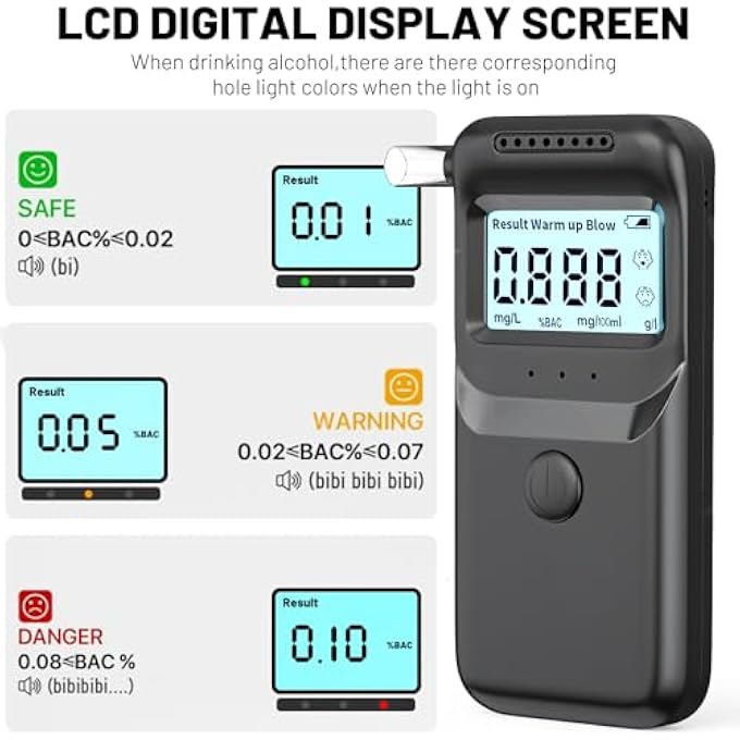 rayihni Breathalyzer,Alcohol Tester Breathalyzer with LCD Display Digital Alcohol Testing Kits,High Accuracy Alcohol Detector High Accuracy Alcohol Breath Tester -Black(10 Mouthpieces) - Image 3