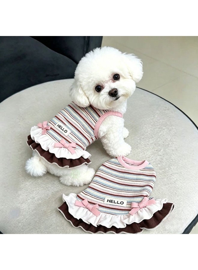 Trendy Striped Pet Dress with Ruffled Hem and Bows - High-Fashion Cat & Dog Skirt, Elegant Summer Puppy Apparel for Small Dogs, Cute Photo-Ready Pet Clothes, Size S - Image 1