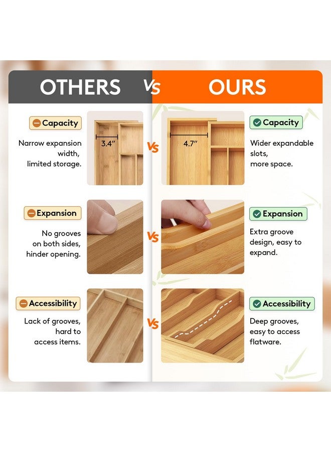 لايفويت منظم أدراج أدوات المائدة من لايف ويت، صينية أدوات مائدة قابلة للتمدد للمطبخ، حامل أدوات مائدة من الخيزران، مساحة تخزين خشبية قابلة للتعديل للملاعق والشوك والسكاكين، كبير، طبيعي - Image 3