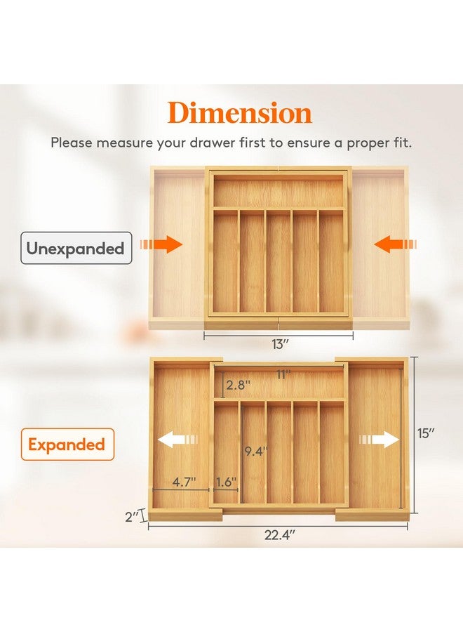 لايفويت منظم أدراج أدوات المائدة من لايف ويت، صينية أدوات مائدة قابلة للتمدد للمطبخ، حامل أدوات مائدة من الخيزران، مساحة تخزين خشبية قابلة للتعديل للملاعق والشوك والسكاكين، كبير، طبيعي - Image 2