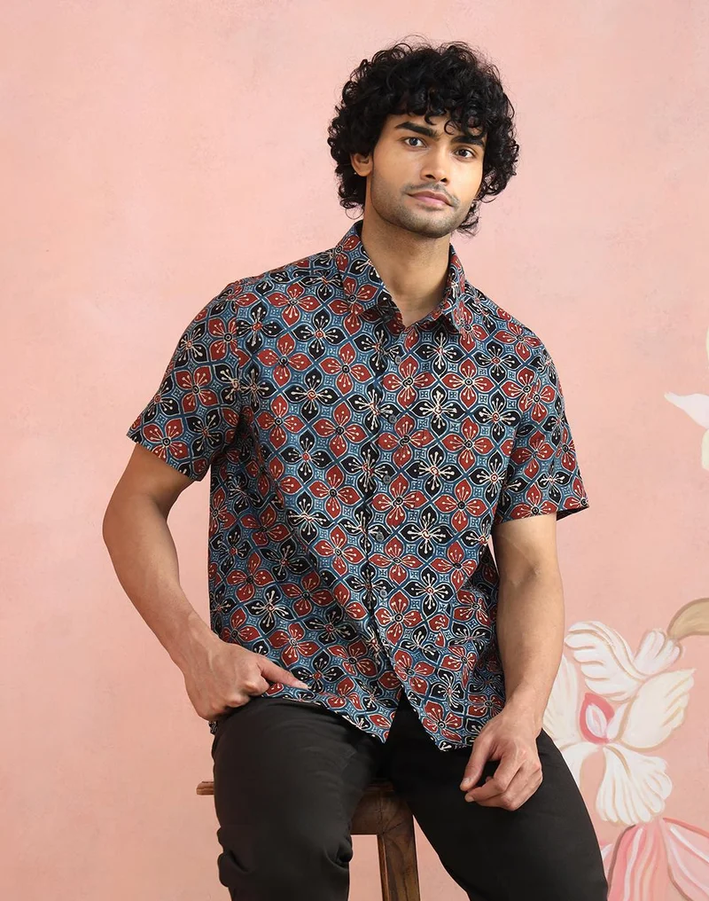 فاب انديا Red-Black Cotton Ajrakh Printed Bush Shirt