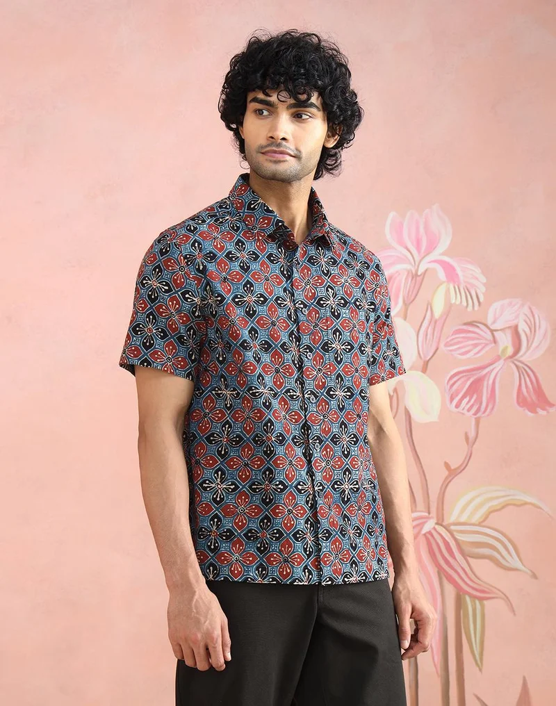 Fabindia  Red-Black Cotton Ajrakh Printed Bush Shirt for Men | Best Price UAE