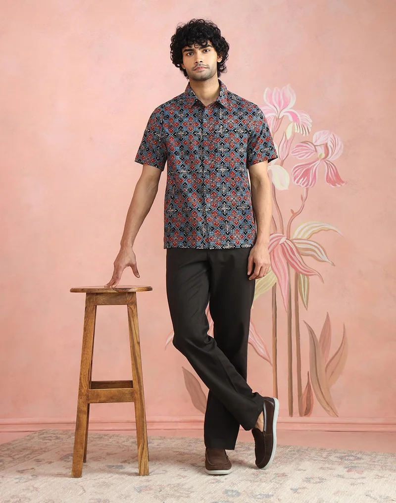 Fabindia  Red-Black Cotton Ajrakh Printed Bush Shirt for Men | Best Price UAE
