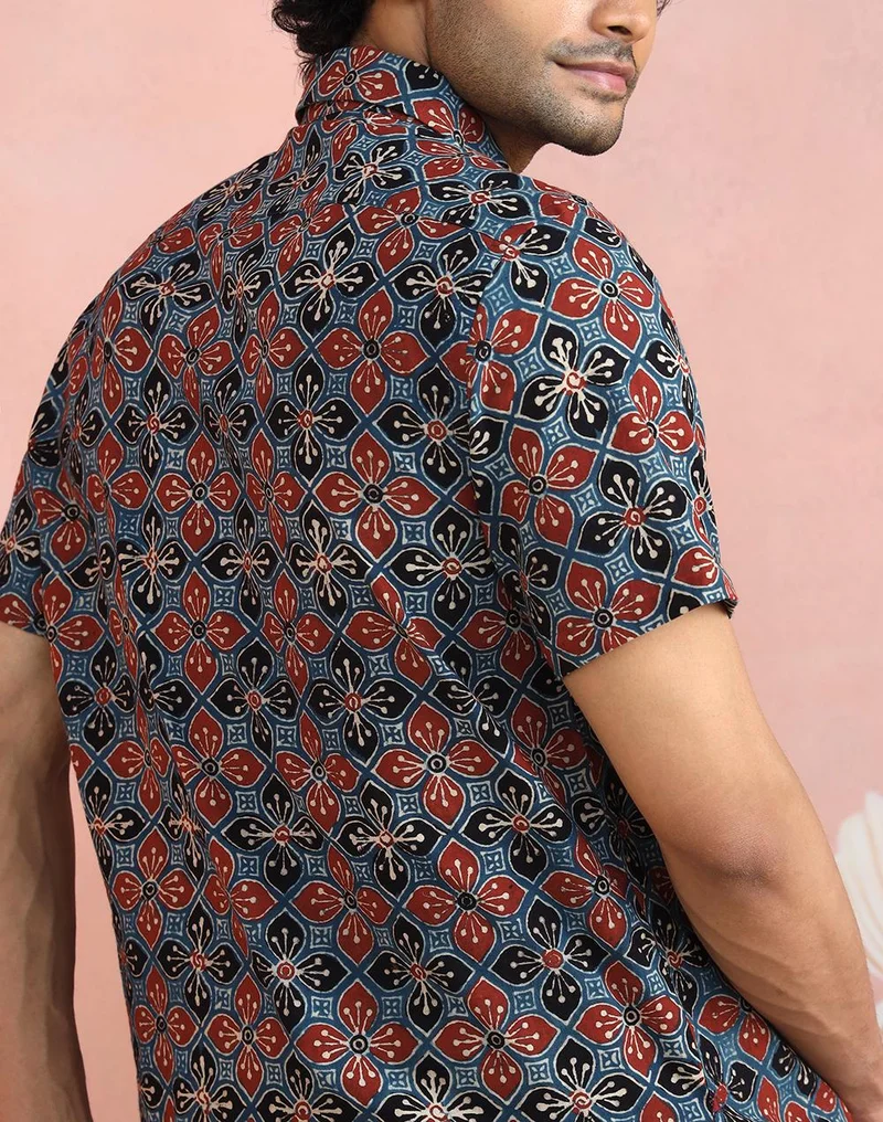 Fabindia  Red-Black Cotton Ajrakh Printed Bush Shirt for Men | Best Price UAE