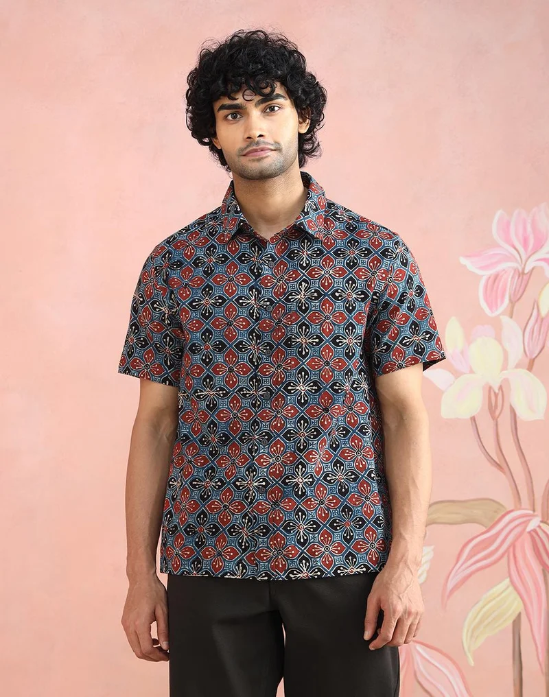 فاب انديا Red-Black Cotton Ajrakh Printed Bush Shirt