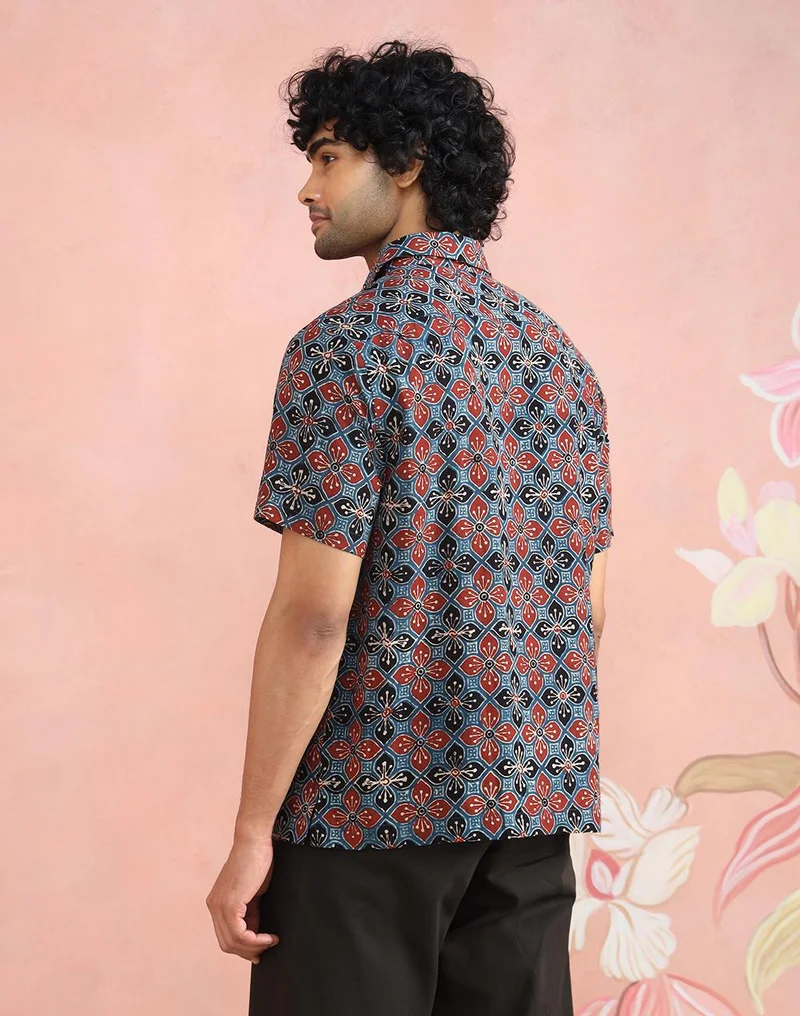 Fabindia  Red-Black Cotton Ajrakh Printed Bush Shirt for Men | Best Price UAE