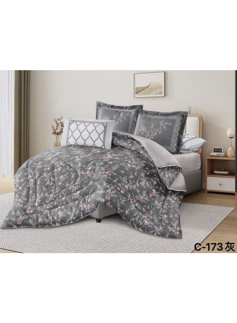 طقم مفروشات فاخر بحجم كينج مكون من 6 قطع - تصميم بسيط، غطاء لحاف 220×240 سم مع شرشف مطاطي و4 أغطية وسائد