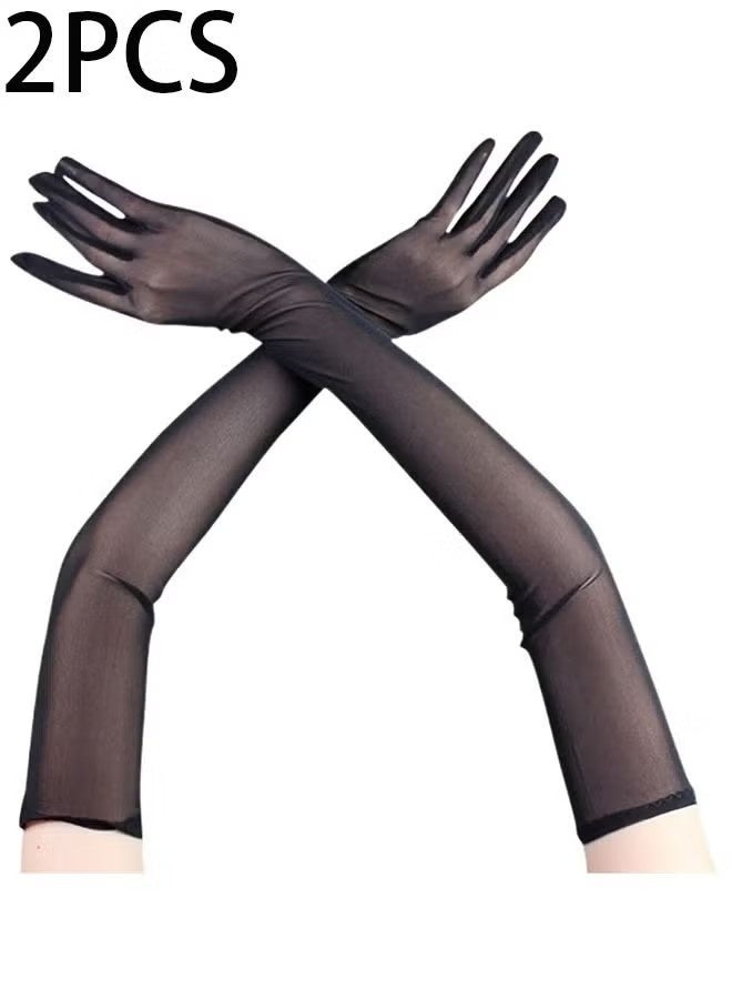 2 PCS Womens Gloves Thin Lace Black Hollow Transparent Long Gloves Soft Breathable Solid Net Yarn Elasticity - Image 1