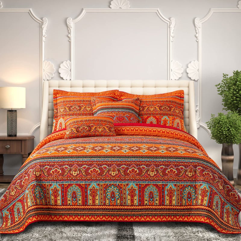 BEDIFANY Cotton King Size Quilt Set Boho Lightweight King Bedspread Colorful Orange Reversible Coverlets Quilt Bedding Sets Oversized King Quilt Set for Bed Decorations for All Seasons 3 Pieces