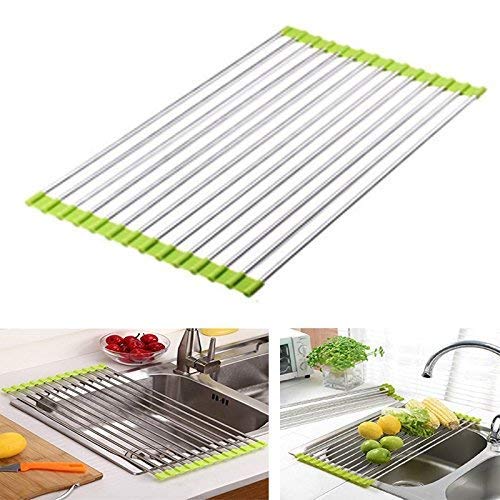 Peyx Foldable Multipurpose Rollup Stainless Steel Kitchen Organiser Utensils Dish Drying Drainer Rack Mat for Over Sink and FruitVegetable Strainer Colander 465 cm x 46 cm - Image 1
