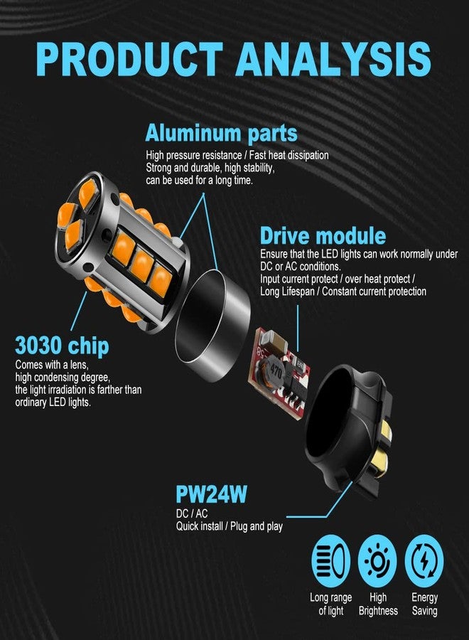 مصباح LED من نوع VOODA PW24W PWY24W، 12181NA 12174 12182، مصباح LED كهرماني بديل لمصابيح التشغيل النهاري ومصابيح التوقف ومصابيح الإشارة، متوافق مع المركبات الأوروبية، عبوة من قطعتين. - Image 4