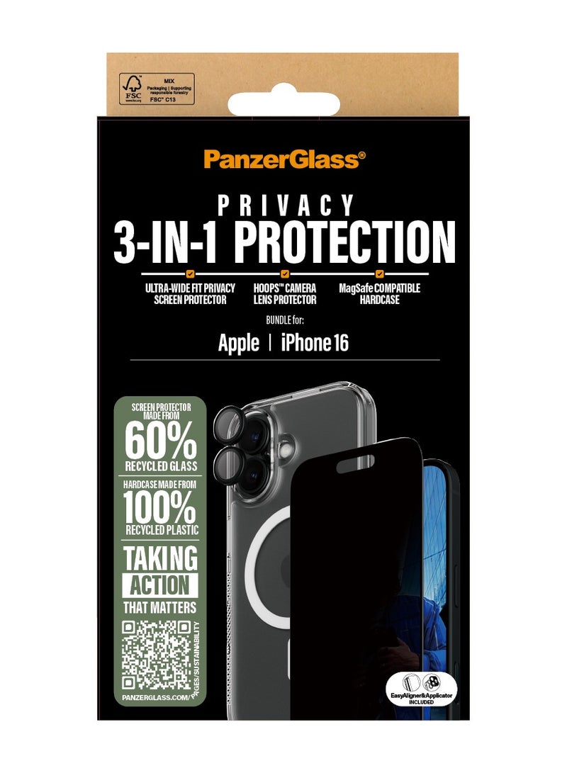 PanzerGlass حزمة حماية بانزر جلاس® 3 في 1 لجهاز آبل آيفون 16، واقي شاشة، غلاف صلب متوافق مع ماغسيف، واقي عدسة الكاميرا، زجاج مقسى - مع مساعدة التركيب لتسهيل التثبيت - Image 3