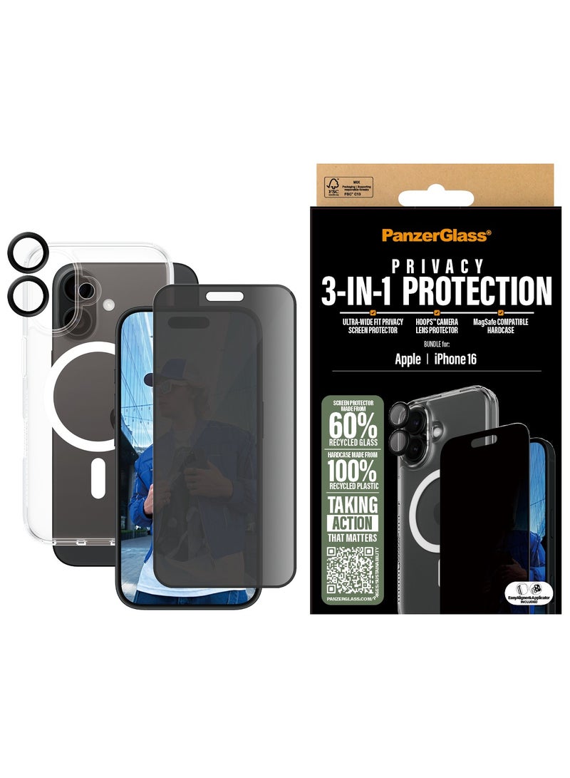 PanzerGlass حزمة حماية بانزر جلاس® 3 في 1 لجهاز آبل آيفون 16، واقي شاشة، غلاف صلب متوافق مع ماغسيف، واقي عدسة الكاميرا، زجاج مقسى - مع مساعدة التركيب لتسهيل التثبيت - Image 1