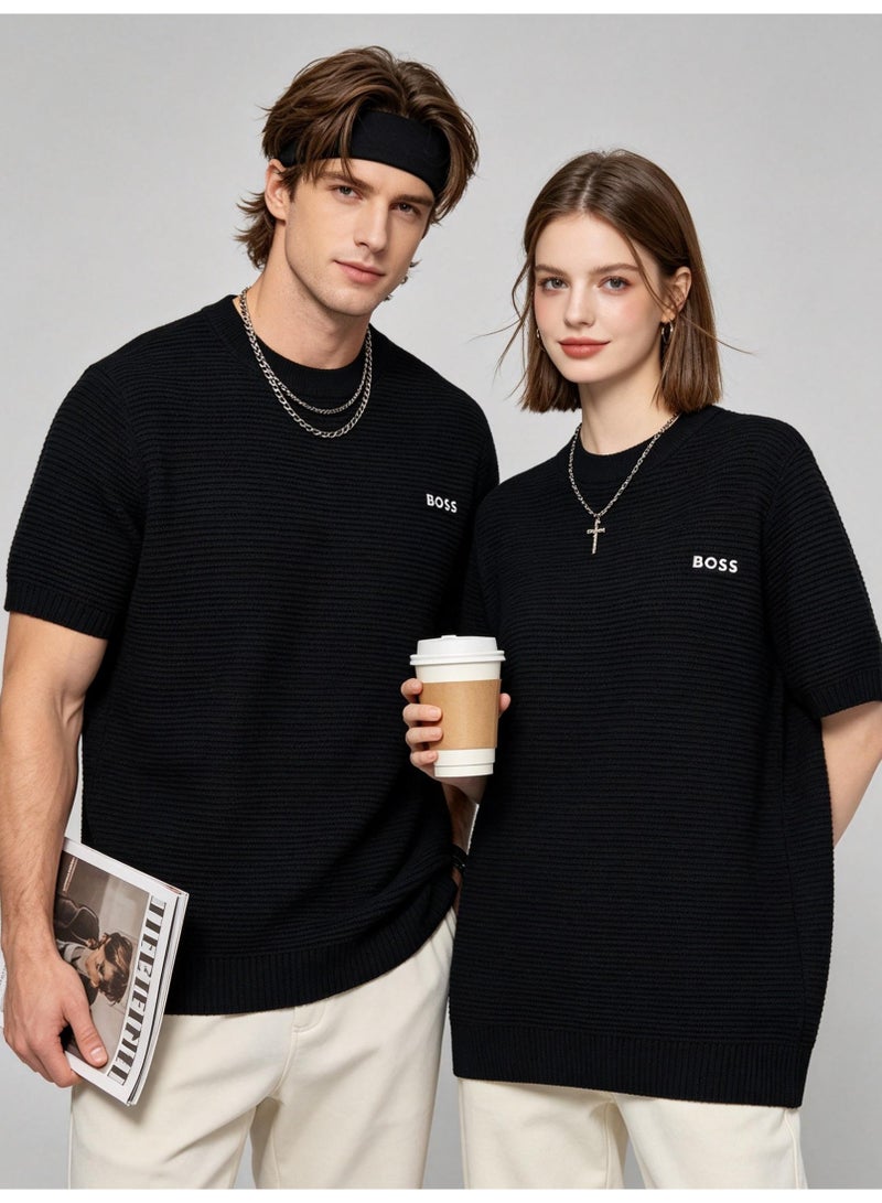 BOSS Casual Short Sleeve Knit Top For Men And Women, Daily Wear Crew Neck Tee, Black - Image 5
