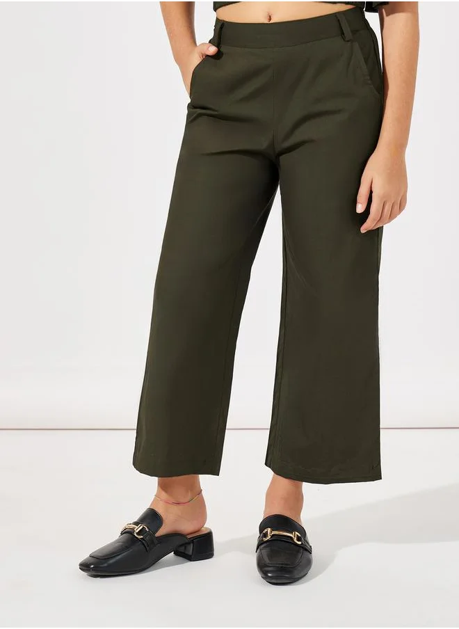 Styli Layered Sleeve Crop Top & Wide Leg Pants Set