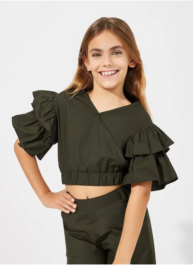 Styli Layered Sleeve Crop Top & Wide Leg Pants Set