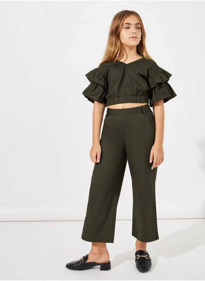 Styli Layered Sleeve Crop Top & Wide Leg Pants Set