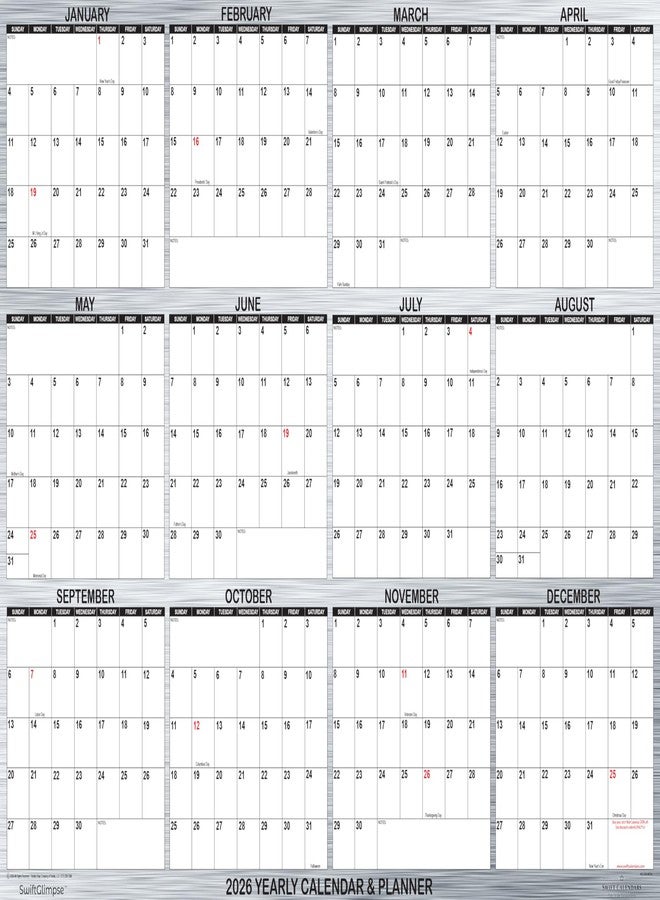 Swiftmaps SwiftGlimpse 2026 Wall Calendar, 24" x 36" Designer Series, Large, Erasable, Yearly Wall Planner (Brushed Metal) - Image 1