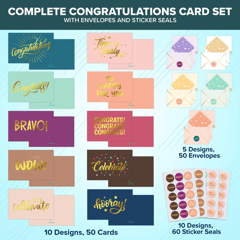 Decorably 50 Pack Gold-Foiled 6x4in Congratulations Cards with Envelopes & Stickers, 10 Elegant Designs, Blank Inside - Graduation, Engagement, Weddings, Milestones, Achievements, Gifting, Mailing - Image 2