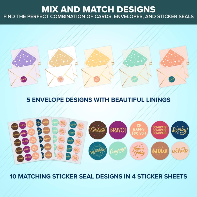 Decorably 50 Pack Gold-Foiled 6x4in Congratulations Cards with Envelopes & Stickers, 10 Elegant Designs, Blank Inside - Graduation, Engagement, Weddings, Milestones, Achievements, Gifting, Mailing - Image 4
