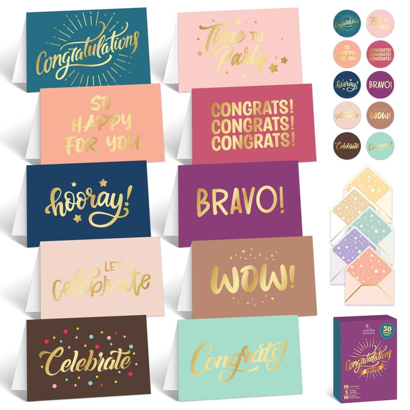 Decorably 50 Pack Gold-Foiled 6x4in Congratulations Cards with Envelopes & Stickers, 10 Elegant Designs, Blank Inside - Graduation, Engagement, Weddings, Milestones, Achievements, Gifting, Mailing - Image 1