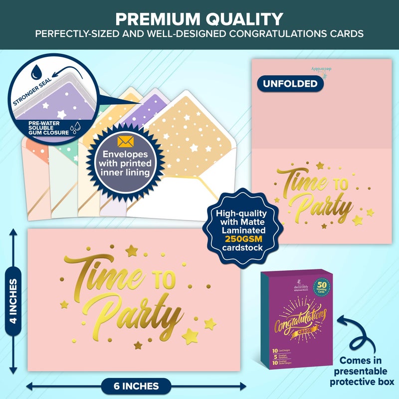 Decorably 50 Pack Gold-Foiled 6x4in Congratulations Cards with Envelopes & Stickers, 10 Elegant Designs, Blank Inside - Graduation, Engagement, Weddings, Milestones, Achievements, Gifting, Mailing - Image 3