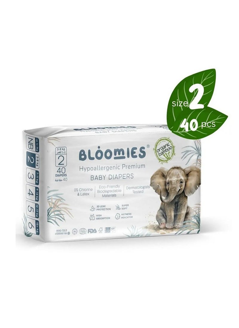 Bloomies Bloomies Organic Bamboo Premium Tape Style Baby Diapers, 40 Pieces, Size 2 Small, Hypoallergenic, 3D Leak Protection, Wetness Indicator, Super Soft 