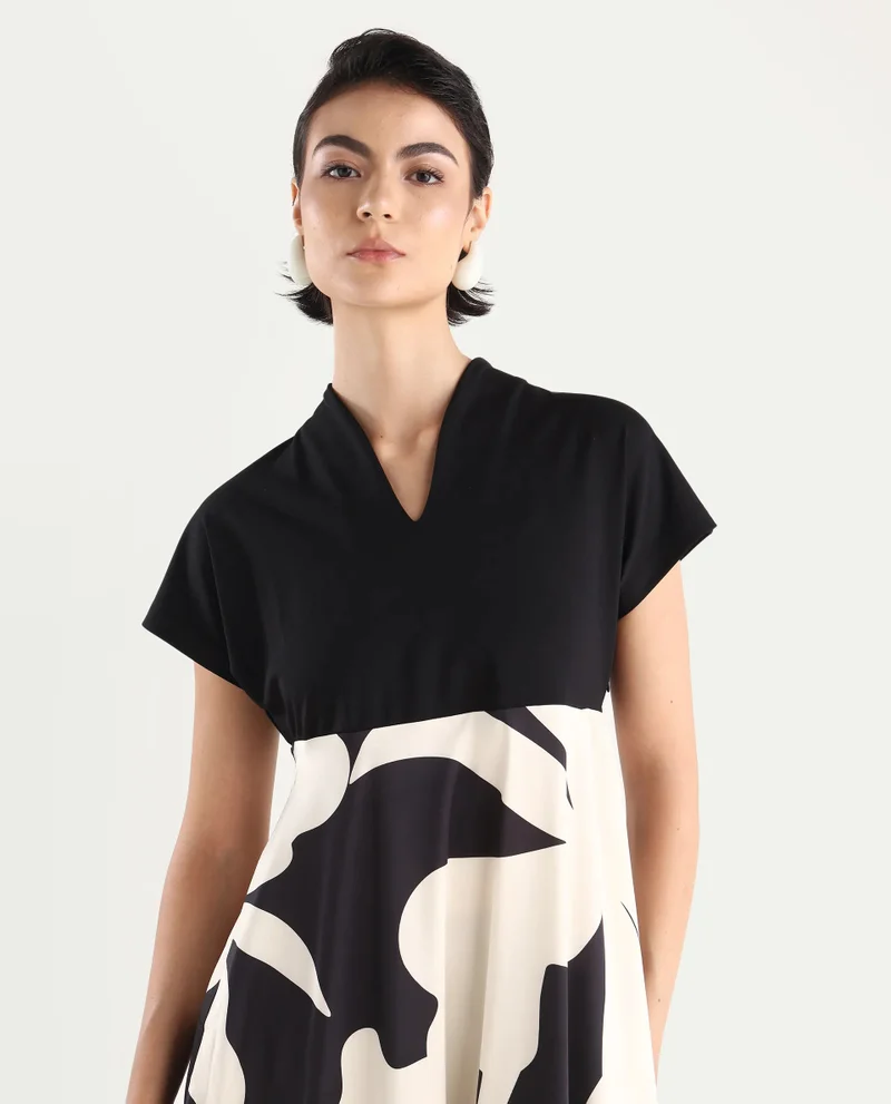 Rareism Women's Extended Sleeves Abstract Print Midi Dress