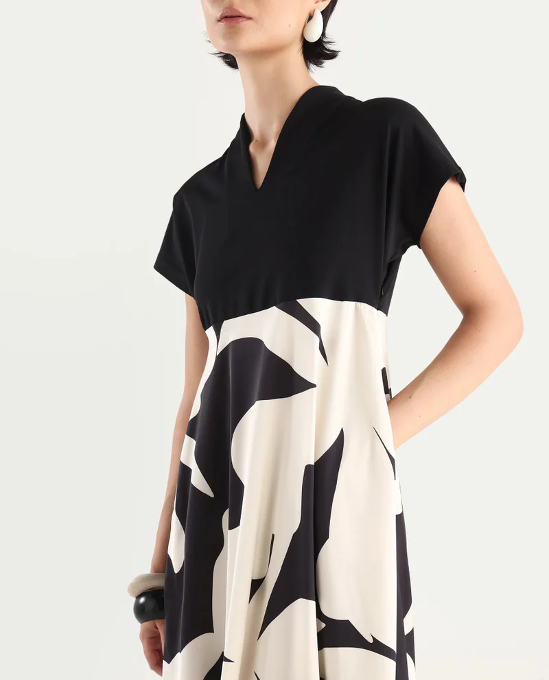Rareism Women's Extended Sleeves Abstract Print Midi Dress