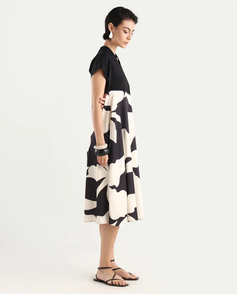 Rareism Women's Extended Sleeves Abstract Print Midi Dress