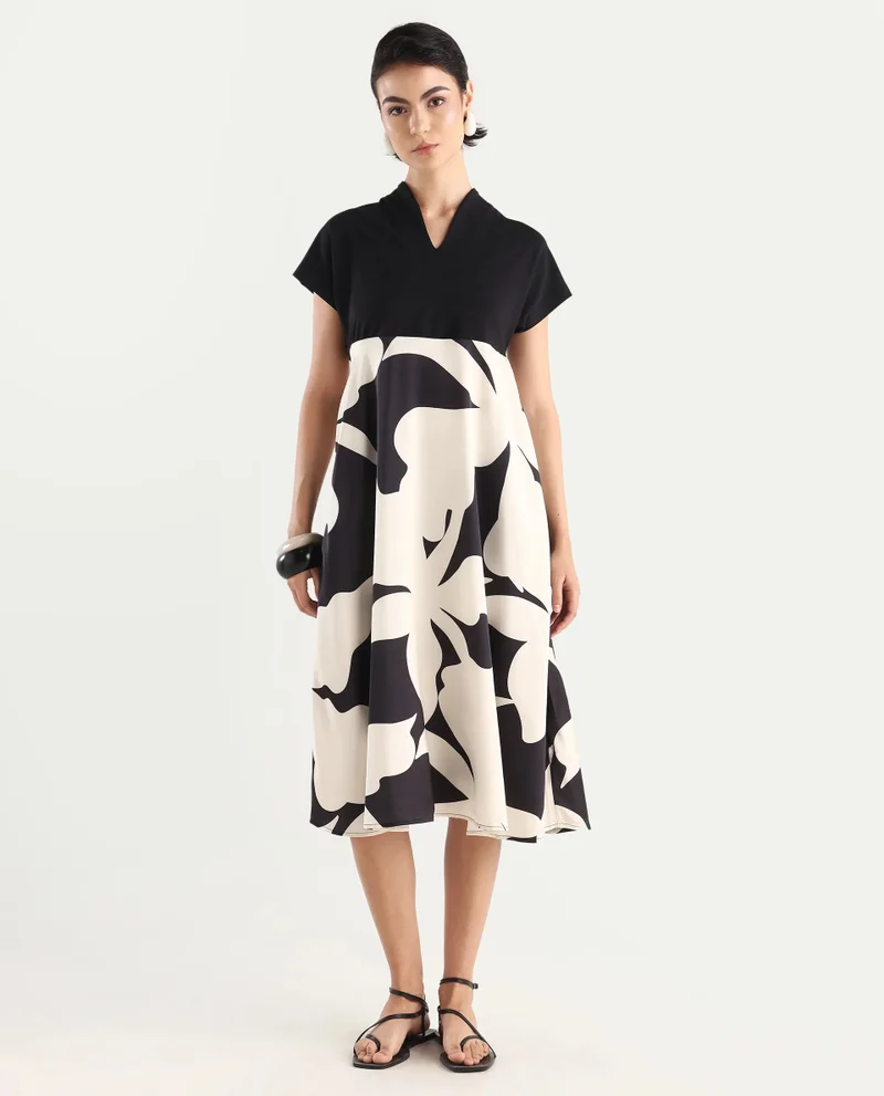 Rareism Women's Extended Sleeves Abstract Print Midi Dress
