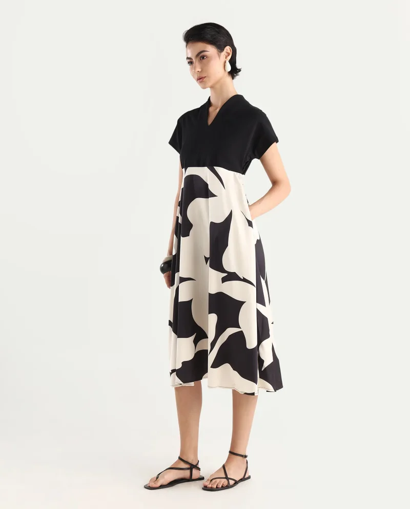 Rareism Women's Extended Sleeves Abstract Print Midi Dress
