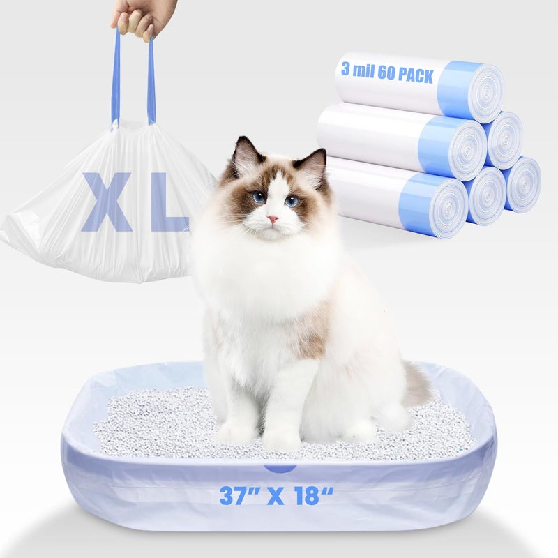 Frnoip 60 Pack Jumbo Cat Litter Bags - 3MIL Extra Thick Leakproof Litter Box Liners, 37"x18" Heavy Duty Drawstring Cat Litter Liners for Automatic Litter Box, Odor Control Disposable Kitty Litter Bags 6 Roll - Image 1