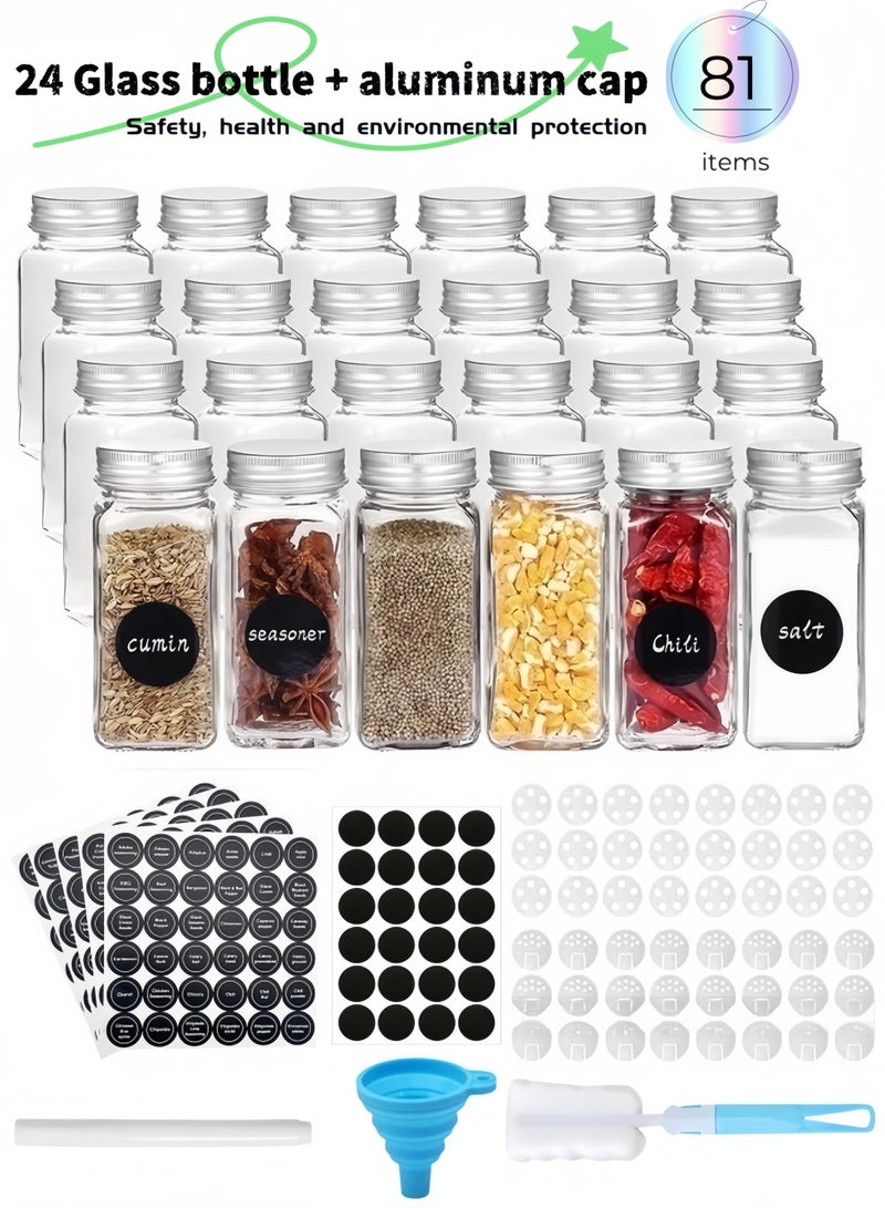 nihao 24-Piece Glass Spice Jar Set with Airtight Aluminum Caps - 120ml Empty Square Spice Containers with 2 types of Shaker Lids, Labels, Silicone Collapsible Funnel, Sponge Brush, White board Pen Included Total 81 sets , Eco-Friendly, Food-Safe, Leakproof Containers ,suitable for restaurants and homes  - Image 1