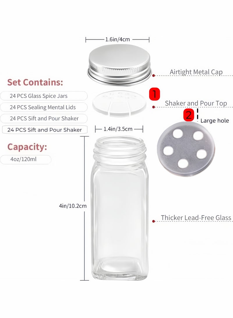 nihao 24-Piece Glass Spice Jar Set with Airtight Aluminum Caps - 120ml Empty Square Spice Containers with 2 types of Shaker Lids, Labels, Silicone Collapsible Funnel, Sponge Brush, White board Pen Included Total 81 sets , Eco-Friendly, Food-Safe, Leakproof Containers ,suitable for restaurants and homes  - Image 2