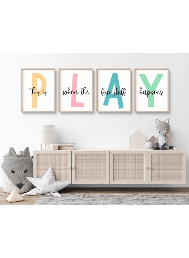 Baccone Kids Playroom Wall Art Canvas Prints - Play Sign Pictures for Toddler Room Decor - Nursery Children Artwork Set of 4 12x16 Inch Unframed - Image 1