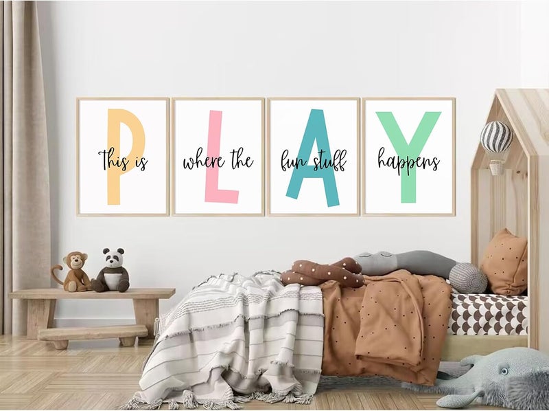 Baccone Kids Playroom Wall Art Canvas Prints - Play Sign Pictures for Toddler Room Decor - Nursery Children Artwork Set of 4 12x16 Inch Unframed - Image 5