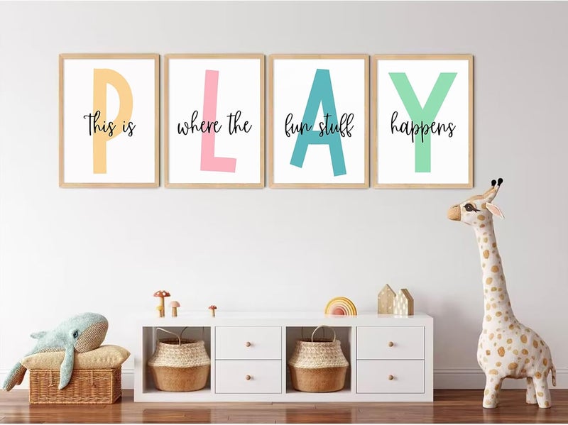 Baccone Kids Playroom Wall Art Canvas Prints - Play Sign Pictures for Toddler Room Decor - Nursery Children Artwork Set of 4 12x16 Inch Unframed - Image 4