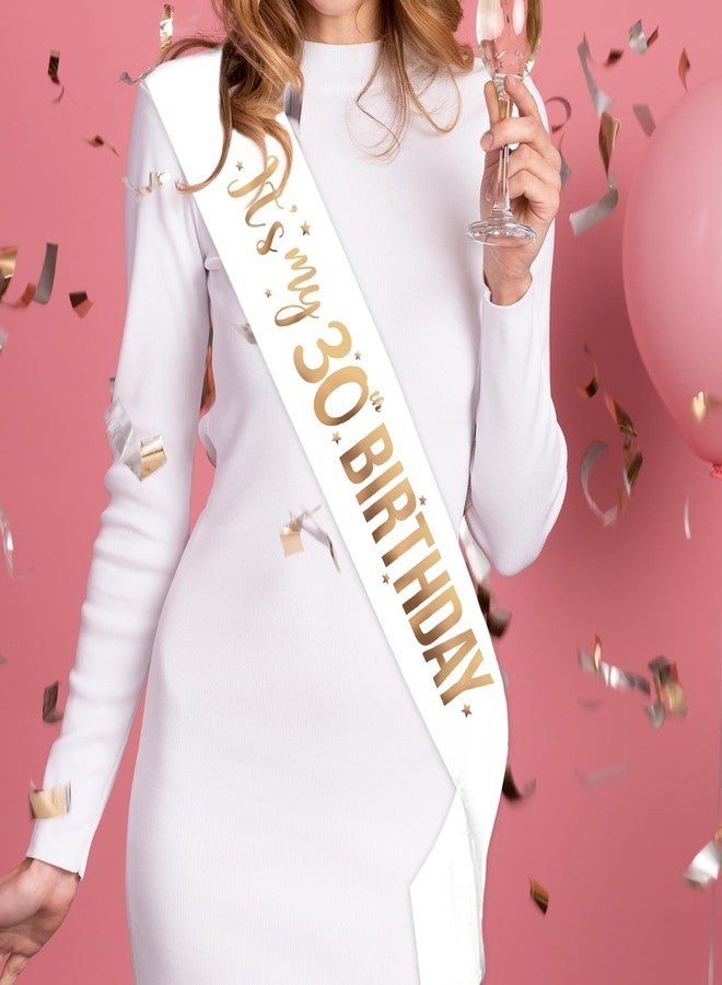 PYQWA It's My 30th Birthday Sash - 30th Birthday Gifts Girl Sash Birthday Party Favors - Happy 30th Accessories for Man and Women - White with Rose Gold Foil Lettering - Image 4
