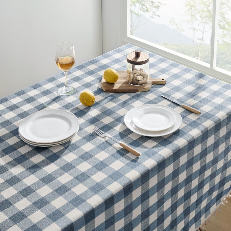 Softalker Checkered Tablecloth Rectangle, Outdoor Linen Cotton Gingham Table Cloth with Tassel, Heavy Duty Wrinkle Free Buffalo Plaid Table Cover for Kitchen Dining Home Party - 55 x 84 Inch, Blue - Image 2